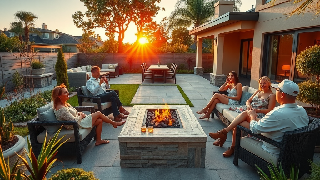 Stunning contemporary premium outdoor living space at sunset with guests enjoying drinks by a firepit in an elegant landscaped garden