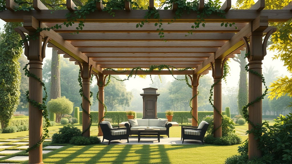 luxury garden pergola with climbing vines and cozy seating
