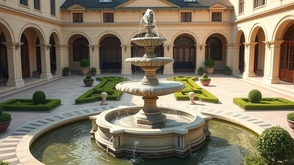 Classic courtyard with grand tiered stone fountain, majestic and timeless design, water cascading gracefully – luxury stone fountain centerpiece