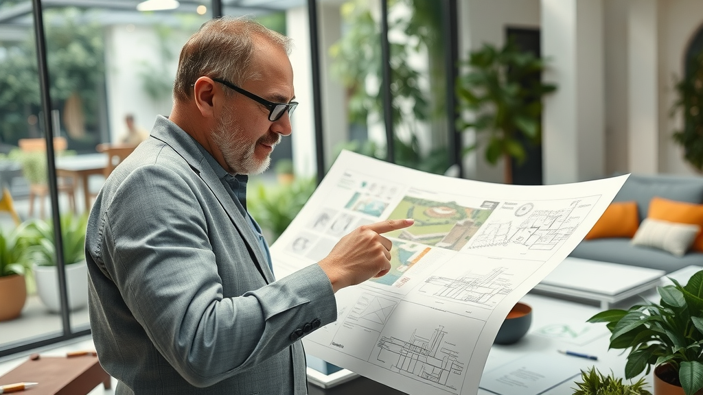 Landscape architect reviewing detailed garden blueprints in a chic studio with plant views – the landscape design process from vision to reality
