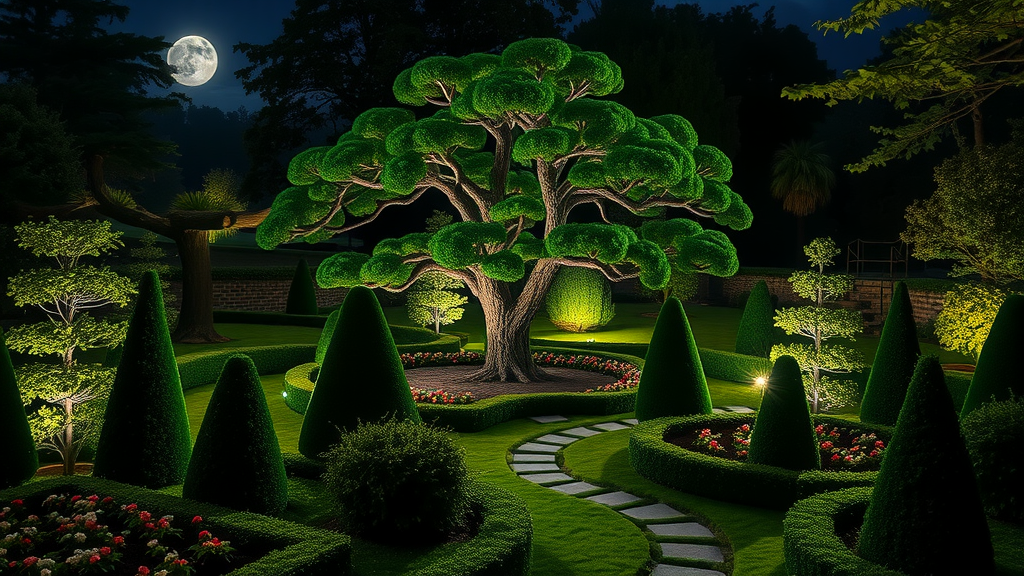 picturesque garden at night artistic spotlighting uplighting silhouettes luxury landscape lighting