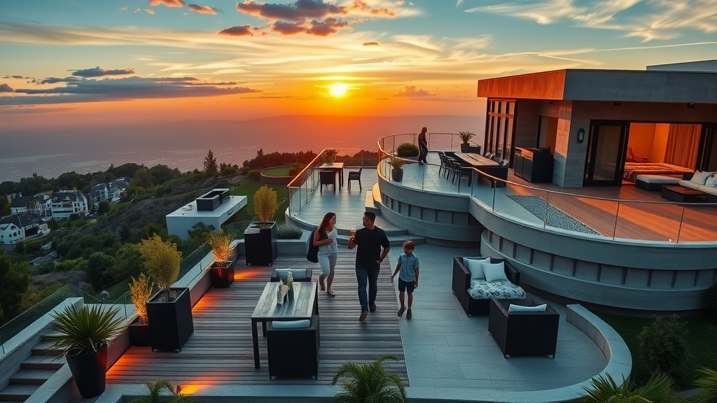 modern multi-level outdoor terrace with family enjoying evening drinks, luxury backyard transformation