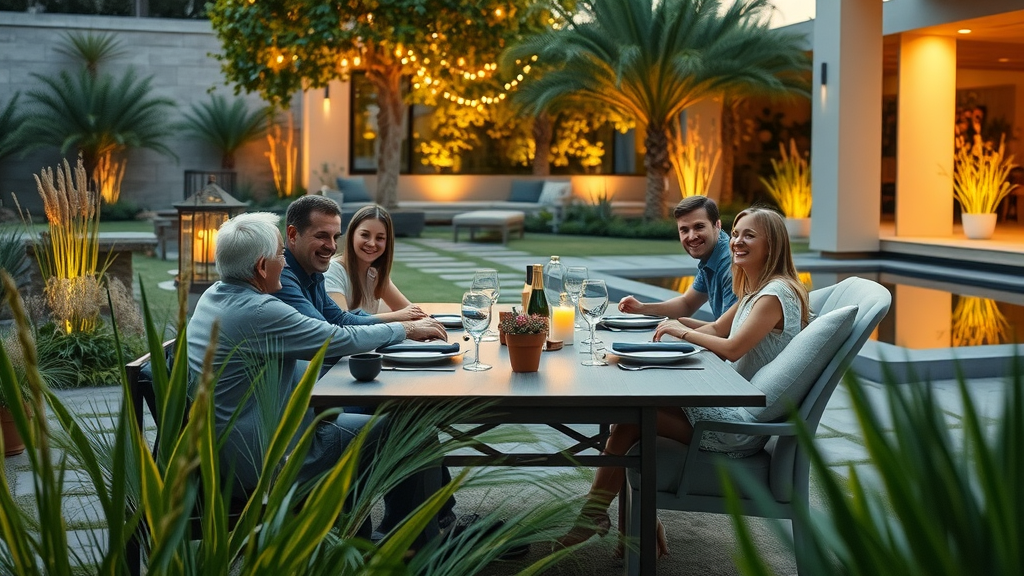 stunning modern landscaped backyard with family enjoying garden dinner party, luxury landscaping trends, elegant stone pathways, layered LED lighting