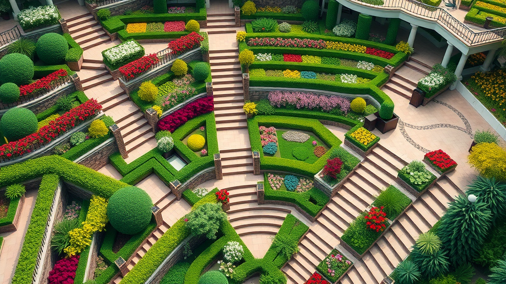 multi-level garden landscape with terraces, flowers, and sculpted greenery