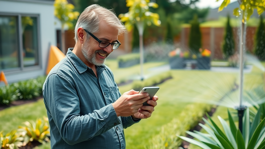 modern backyard with smart irrigation systems, homeowner using smartphone to monitor irrigation, visible planted borders, luxury landscape design