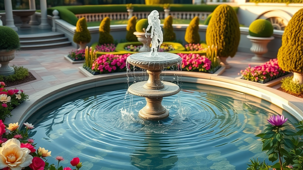 refined water feature in luxury garden with cascading fountain and topiary, water feature