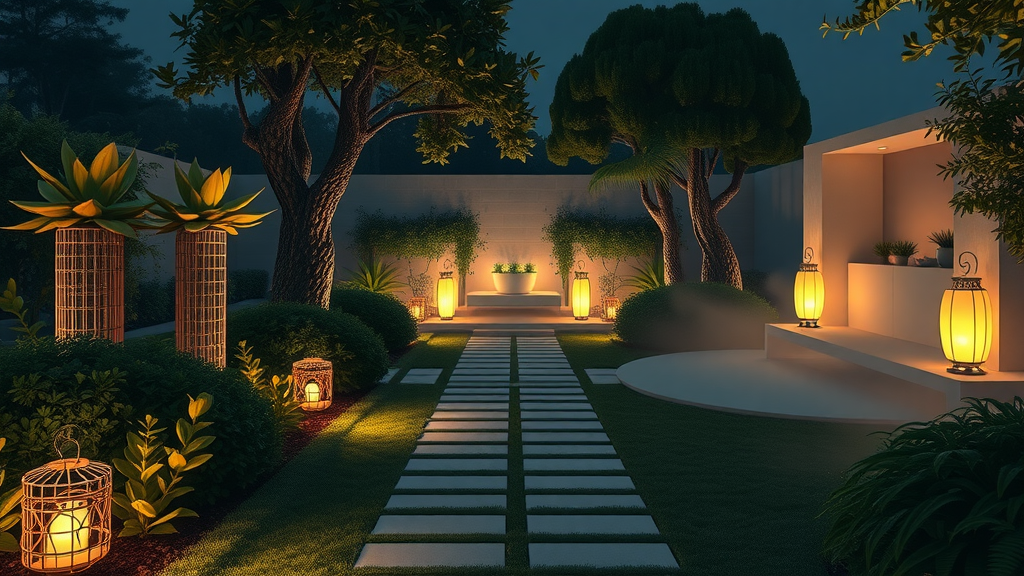 Modern luxury garden at night with illuminated pathway, sculptural lighting, dramatic architectural plants, and minimalistic seating area – innovative outdoor living