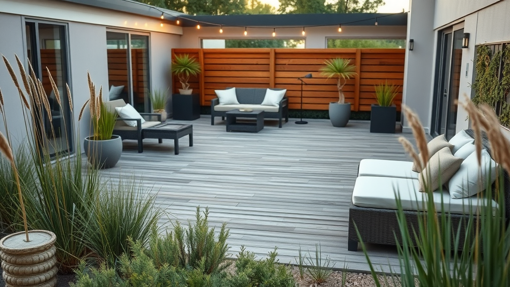 serene eco-friendly luxury outdoor living space with composite decking, solar lights, native landscaping