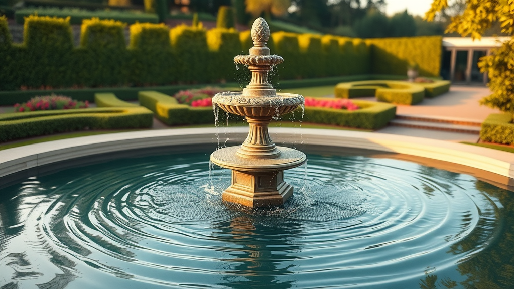 Serene luxury outdoor garden with elegant stone fountain, tranquil atmosphere, water gently flowing, lush landscape with manicured lawns – luxury water features enhancing outdoor space