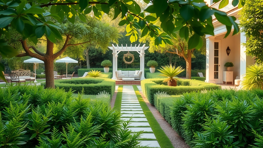 lush luxurious garden landscape with manicured features, luxury landscaping, and elegant outdoor furniture