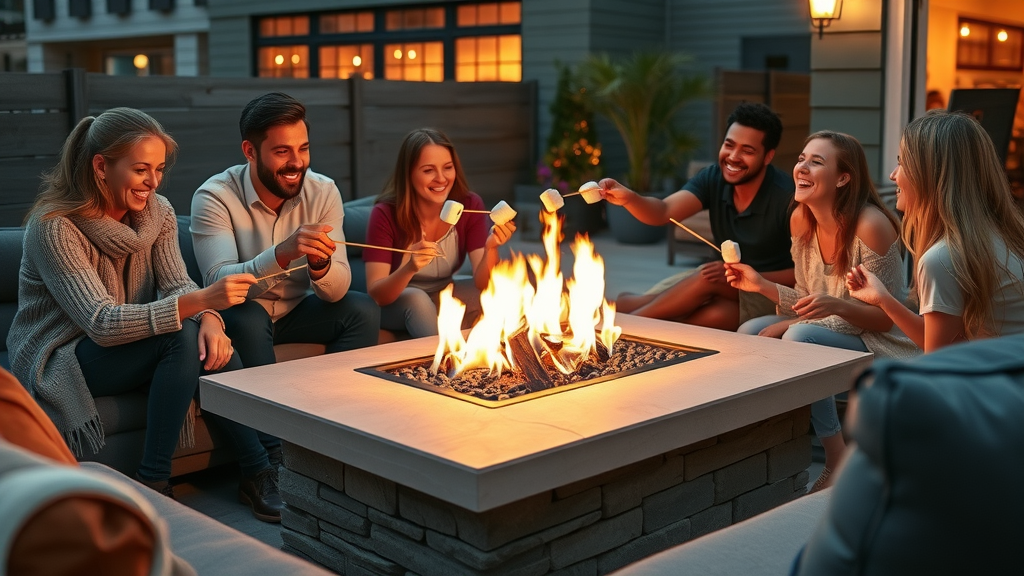 cozy modern patio with fire pit, friends laughing, stone seating around linear gas fire pit, luxury landscaping, twilight lighting