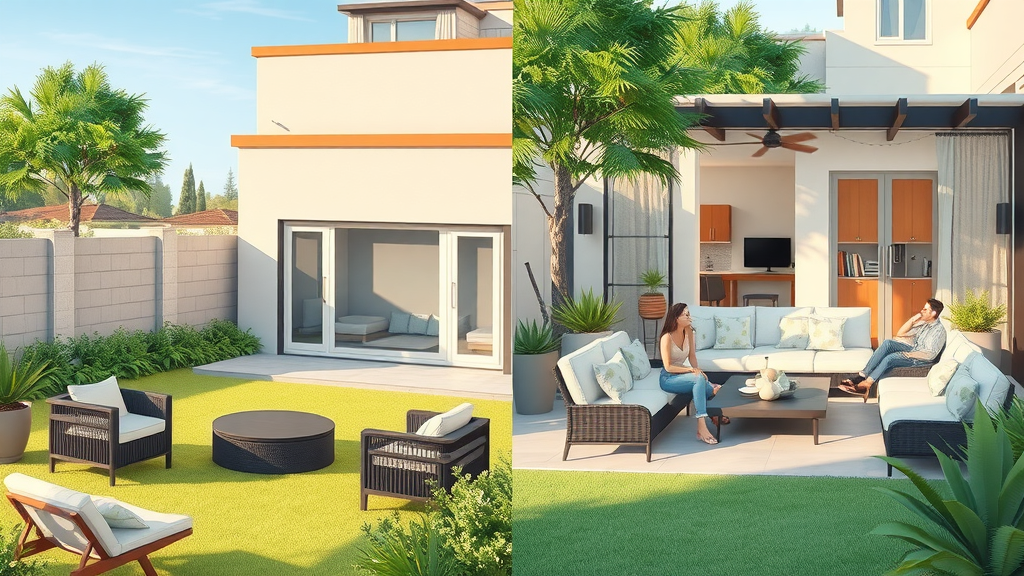Split-screen comparison of standard outdoor living space and luxury outdoor living space with different furniture, materials, and design elements