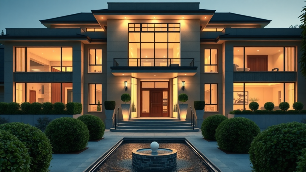 elegant modern mansion dramatic lighting architectural details sculpted hedges water feature luxury landscape lighting
