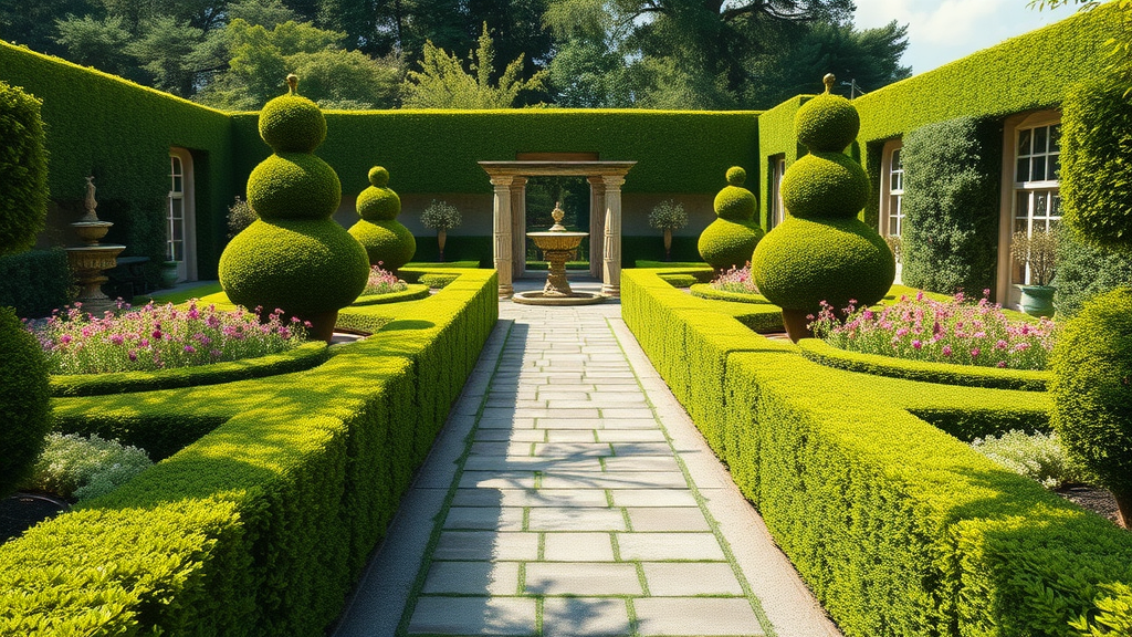 high-end garden design luxury estate garden with manicured hedges, stone path, vibrant flowers