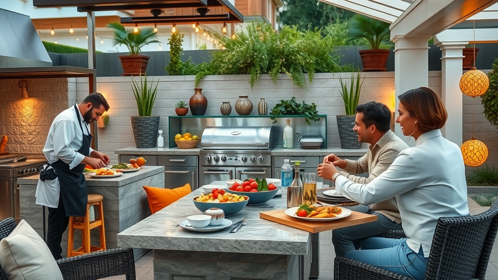 Chic luxury outdoor kitchen with chefs, high-end appliances, and family dining in lush landscaped patio