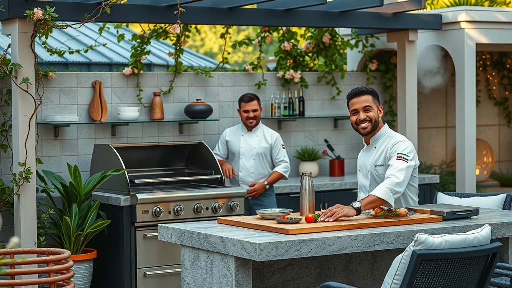 stunning luxury outdoor kitchen setup, inviting expression, chef preparing gourmet meal, Photorealistic High Fidelity Lifelike, surrounded by flowering vines and modern garden furniture, highly detailed, smoke gently rising from grill, cool elegant color palette, daylight and diffuse lighting, shot with a wide-angle lens.