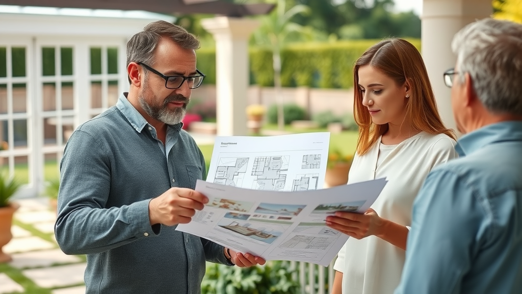professional landscape designer showing luxury garden plans to clients outdoors, landscape designer