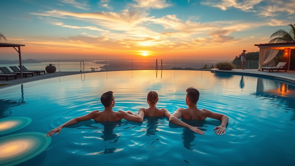 resplendent luxury pool with infinity edge reflecting sunset sky, tranquil expression, couple relaxing at spa zone, Photorealistic High Fidelity Lifelike, surrounded by lush landscaping and elegant loungers, highly detailed, gentle ripples and pool lighting, cobalt blue and soft gold hues, ambient dusk lighting, shot with a drone camera.