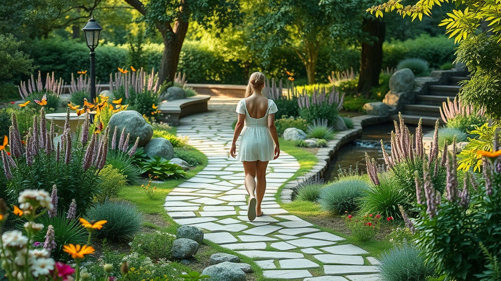 botanical luxury garden with flagstone path, native wildflowers, natural stone seating, water feature, eco-friendly landscaping