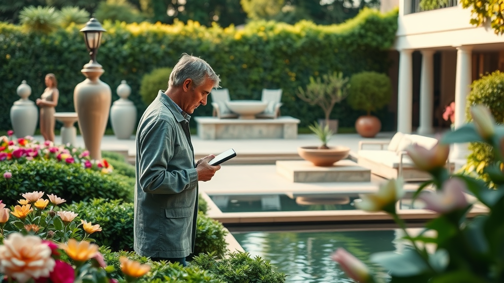 premium landscape architecture elegant garden, modern sculptures, serene landscape architect with vibrant outdoor living space, flower beds, water features