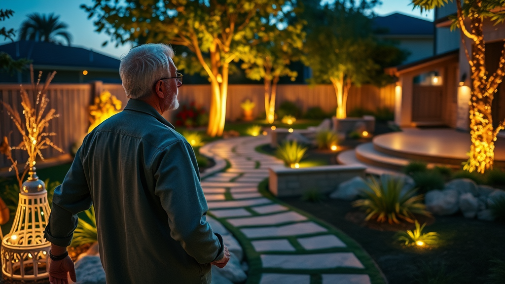 premium landscape architecture sophisticated backyard transformation with modern landscape lighting at twilight, illuminated garden features, twilight colors