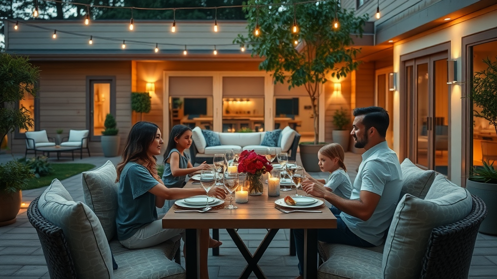 Opulent outdoor entertaining space with sophisticated design, elegant family al fresco dining, designer patio furniture, and ambient lighting – luxury backyard inspiration