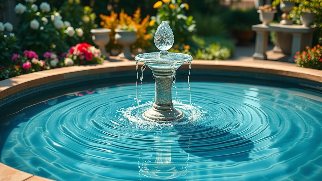 elegant garden water feature with reflective pool and soft cascading waterfall, luxury landscaping