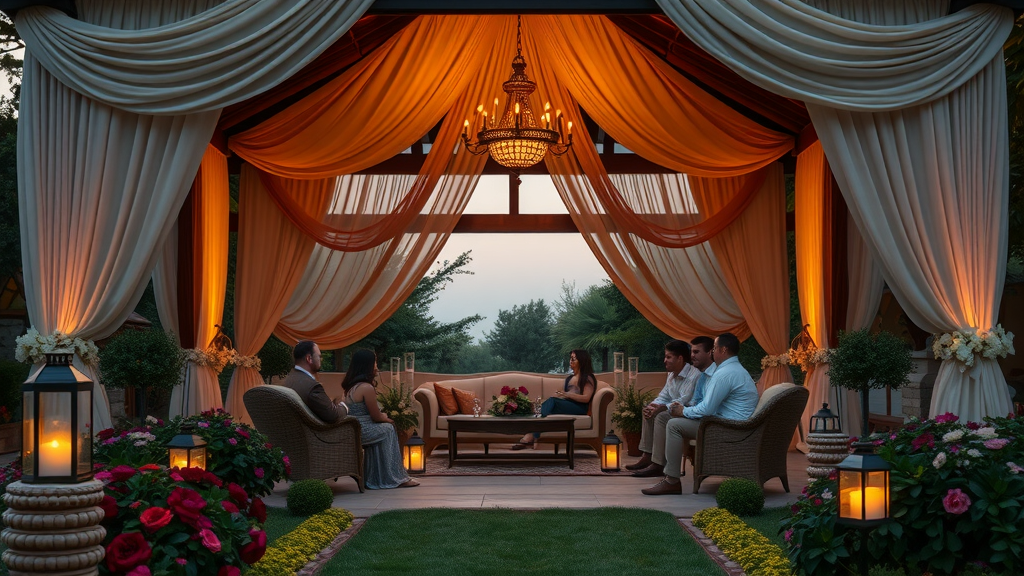 grand garden pavilion with draped curtains and plush seating, welcoming expression, guests enjoying evening soiree, Cinematic, surrounded by blooming flowerbeds and lanterns glowing in evening, highly detailed, gentle breeze moving curtains, rich burgundy and ivory colors, soft golden lamp light, shot with a 85mm lens.