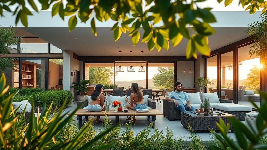 premium landscape architecture contemporary outdoor living space with lush greenery, stylish patio, modern luxury home exterior, manicured gardens, people enjoying the space
