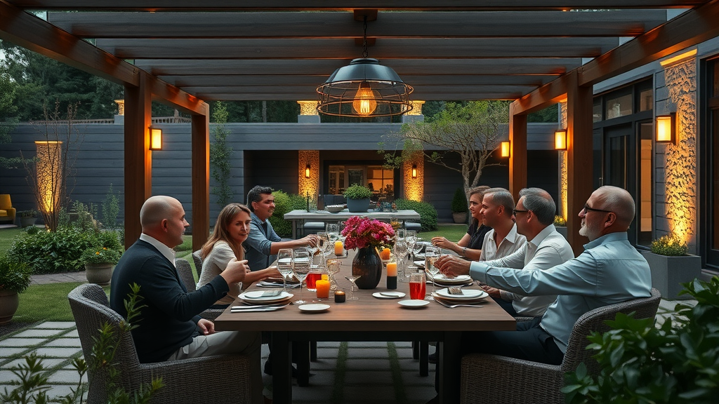 sophisticated outdoor dining area with friends under modern pergola in a luxury outdoor living space, elegant tableware, ambient lighting