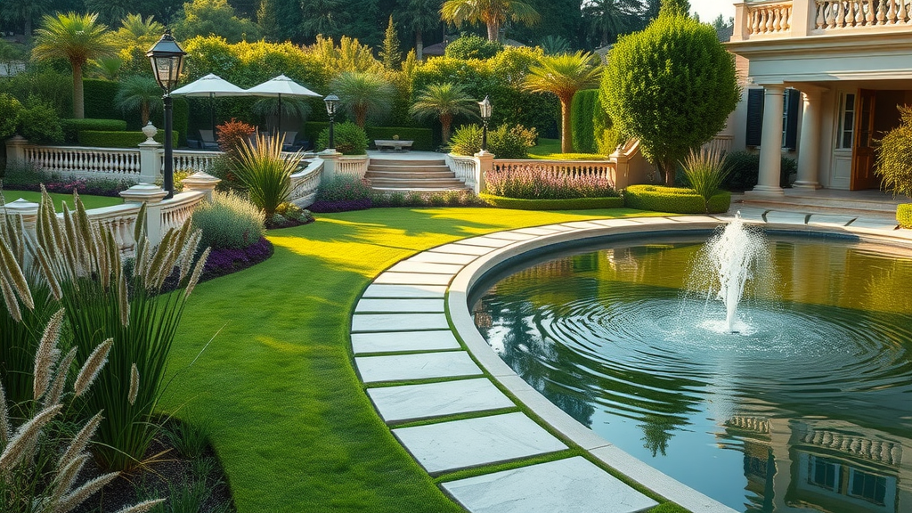 Majestic luxury garden with serene atmosphere, lush plantings, flowing water feature, elegant stone pathways, manicured lawns, and reflective pools – luxury landscape architecture