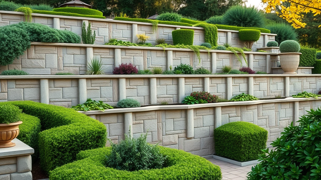 luxury landscaping stone retaining wall accenting multi-level garden