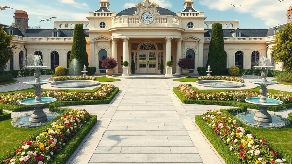 premium landscape architecture opulent estate entranceway garden, real estate agent, symmetrical floral beds, ornate fountains, well landscaped property