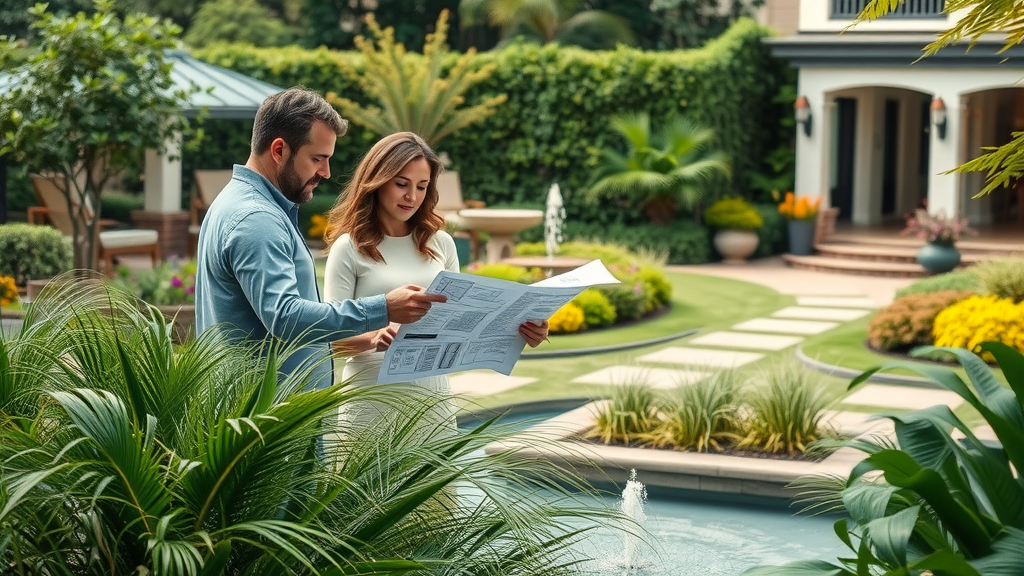 Couple discussing premium outdoor living space plans with a professional designer, holding blueprints in a lush landscaped luxury garden
