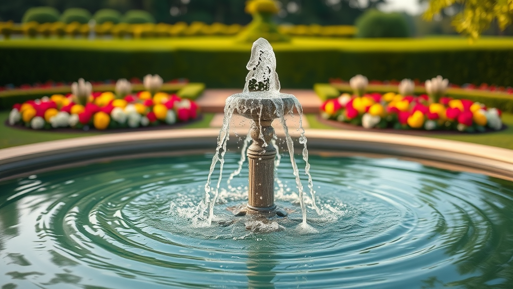 captivating luxury garden with water feature centerpiece, serene expression, water cascading gently, Photorealistic High Fidelity Lifelike, lush green landscape and manicured flowerbeds in the background, highly detailed, gentle ripples and sparkle in the water, superb resolution, natural earth tones, soft afternoon sunlight, shot with a 35mm lens.