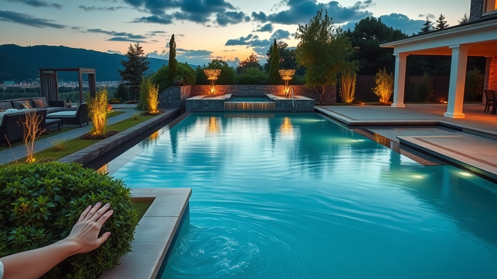 breathtaking luxury backyard showcasing a modern infinity pool, lush landscaping, and elegant evening ambiance - luxury backyard transformation