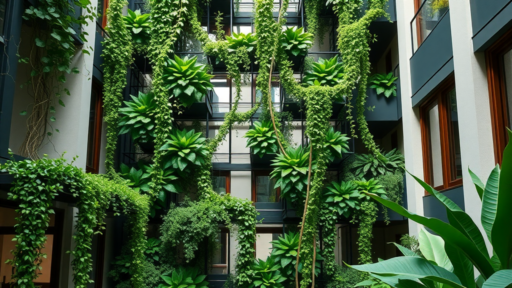 modern vertical garden installation with structured design and cascading vines, luxury landscaping