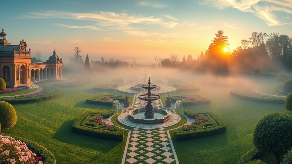 Breathtaking panoramic luxury garden at sunrise, grand estate, ornate fountains, manicured lawns, and intricate pathways – dawn mist and golden light