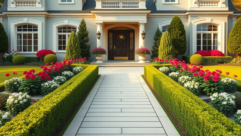 luxury landscaping front yard with blooming flower beds and grand stone pathway