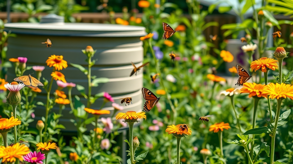 eco-friendly sustainable garden with native blooms and rainwater harvesting