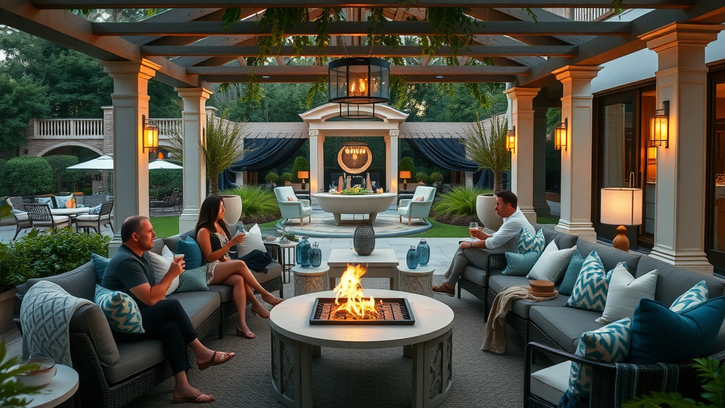opulent garden outdoor living room with premium furniture and beautiful landscaping