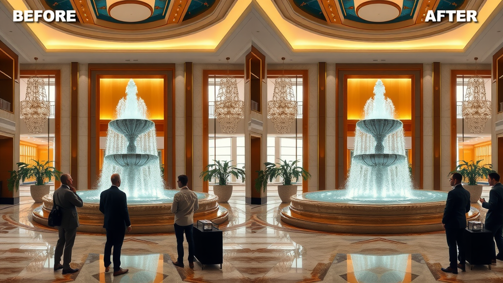 Before and after of a commercial lobby with and without a luxury fountain, impressive transformation, guests admiring centerpiece – water feature property value