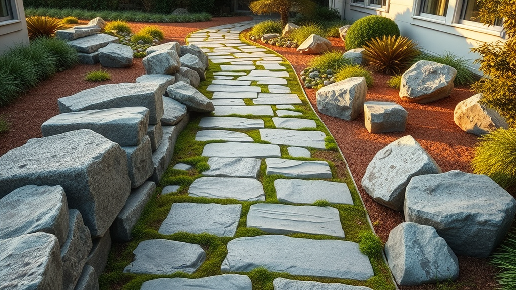 refined stone pathway gently curving through lush garden landscaping