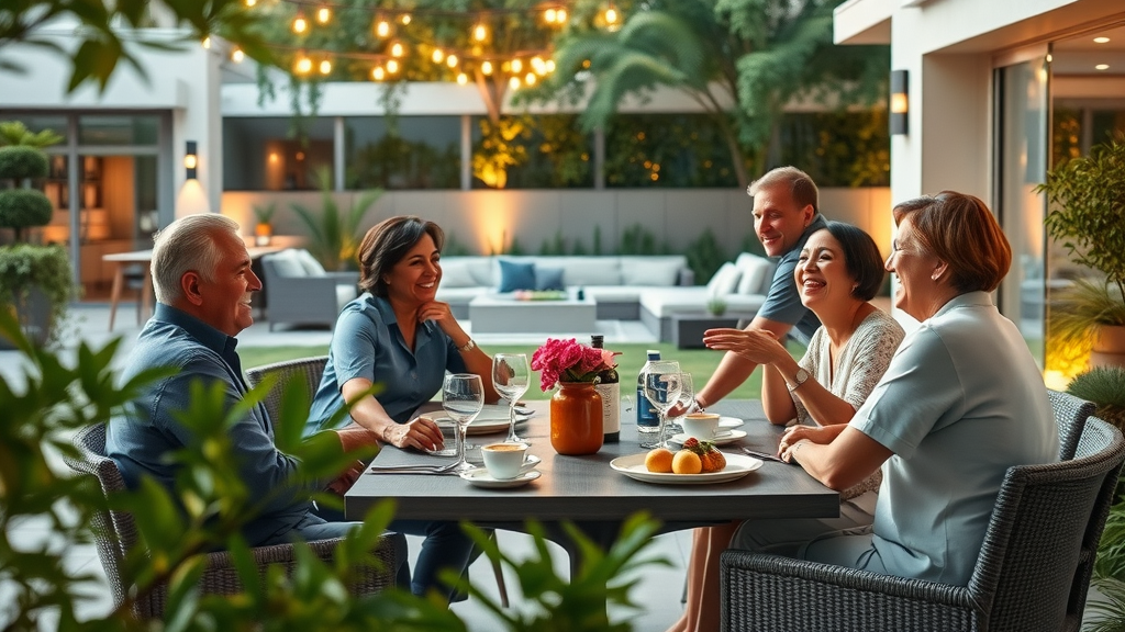 stunning modern outdoor living space with joyful family enjoying al fresco dining, luxury outdoor living spaces, elegant furniture, golden hour lighting