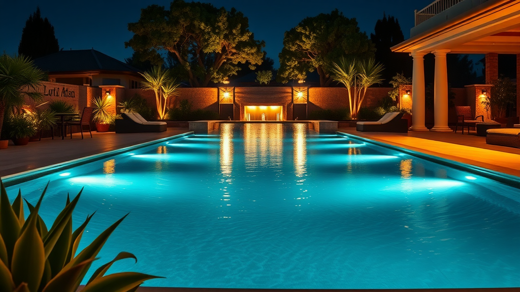 night view of luxury outdoor living space with elegant ambient lighting, illuminated pool and lush foliage, outdoor lighting