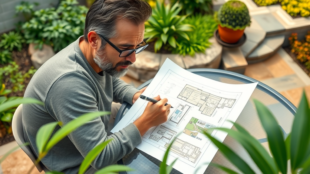 inspired homeowner planning landscape design with natural stone and plants, exclusive landscaping trends