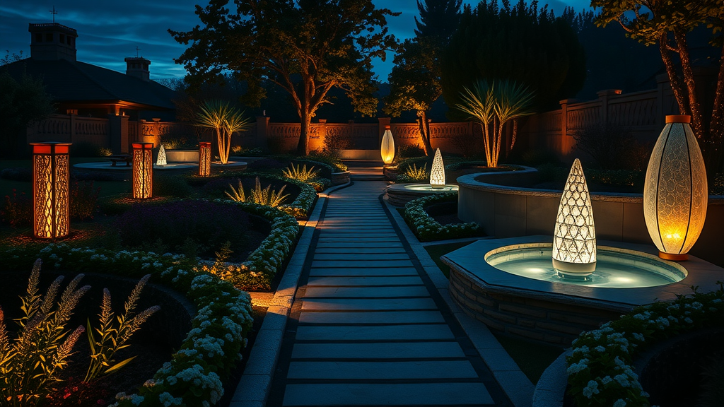 luxurious garden dusk illuminated pathway water features lighting high-end garden design