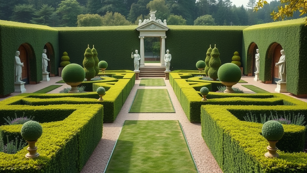 elegant formal garden with sharp geometric hedges and sculpted topiary, peaceful expression, pathways leading the eye, High Fantasy, marble statues and symmetrical layout, highly detailed, fresh morning dew, muted green and ivory color scheme, natural diffused sunrise light, shot with a tilt-shift lens.