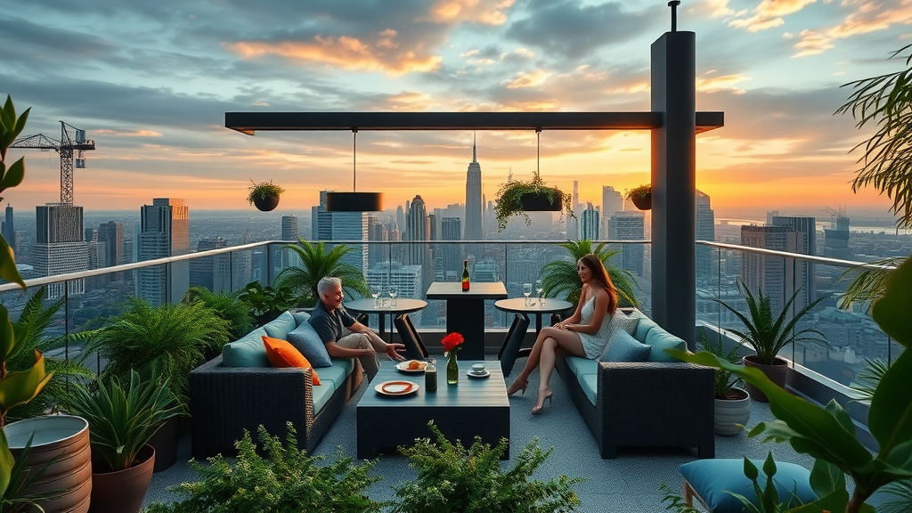 luxury outdoor living space with stunning rooftop garden, modern terrace, lush plants, seamless indoor to outdoor transition, city skyline, sunset lighting