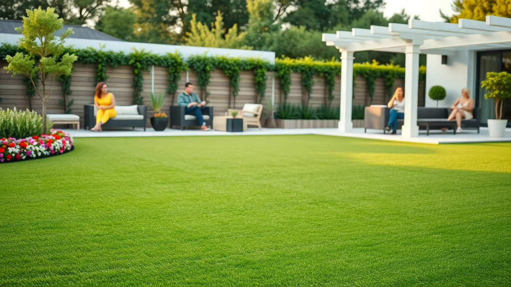 pristine artificial turf in luxury garden with modern seating and pergola, artificial turf lawn care